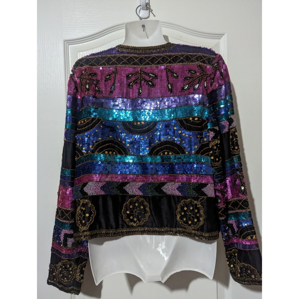VINTAGE Leslie Fay Evenings  Jacket 100% Silk Beaded Sequined Small S 70's 80's - Picture 6 of 11